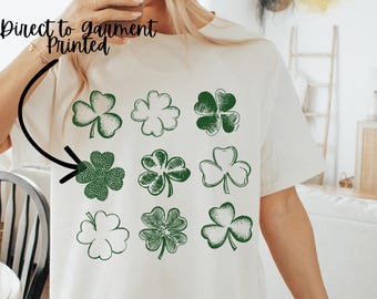 Camiseta com estampa de trevo de São Patrício, camiseta com estampa retrô de São Patrício, camiseta da sorte, camiseta com trevo de quatro folhas, camiseta em cores vibrantes