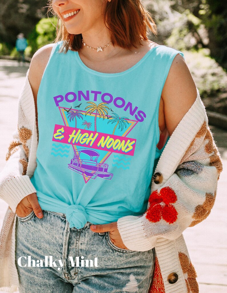 Pontoons & High Noons Comfort Colors Tank, Retro Lake Life Graphic Tank, Summer Pontoon Boat Tee, Lake Day Outfit , Beach Vibes Tank image 4