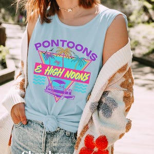 Pontoons & High Noons Comfort Colors Tank, Retro Lake Life Graphic Tank, Summer Pontoon Boat Tee, Lake Day Outfit , Beach Vibes Tank image 3