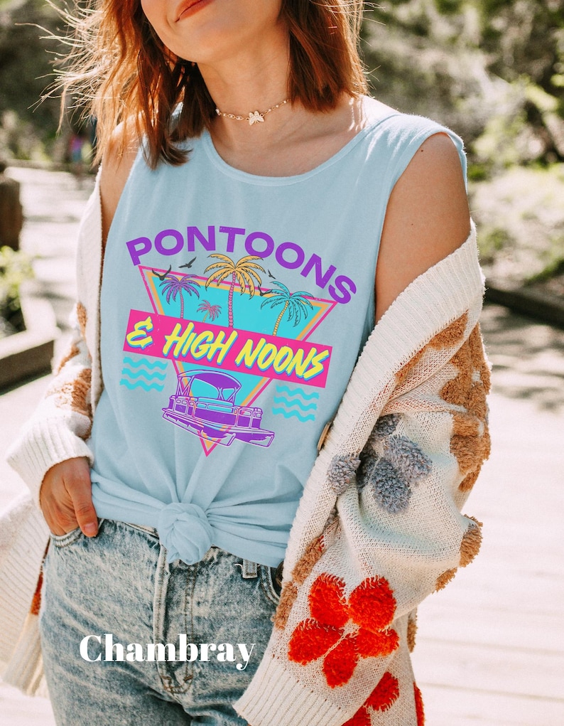 Pontoons & High Noons Comfort Colors Tank, Retro Lake Life Graphic Tank, Summer Pontoon Boat Tee, Lake Day Outfit , Beach Vibes Tank image 3