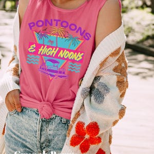 Pontoons & High Noons Comfort Colors Tank, Retro Lake Life Graphic Tank, Summer Pontoon Boat Tee, Lake Day Outfit , Beach Vibes Tank image 2