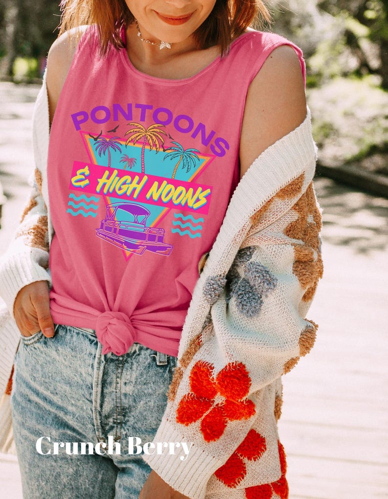 Pontoons & High Noons Comfort Colors Tank, Retro Lake Life Graphic Tank, Summer Pontoon Boat Tee, Lake Day Outfit , Beach Vibes Tank image 2