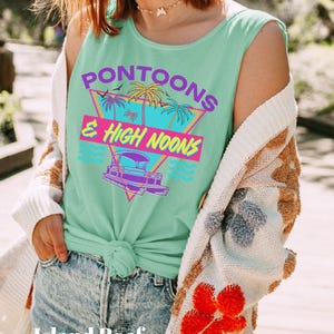 Pontoons & High Noons Comfort Colors Tank, Retro Lake Life Graphic Tank, Summer Pontoon Boat Tee, Lake Day Outfit , Beach Vibes Tank image 1