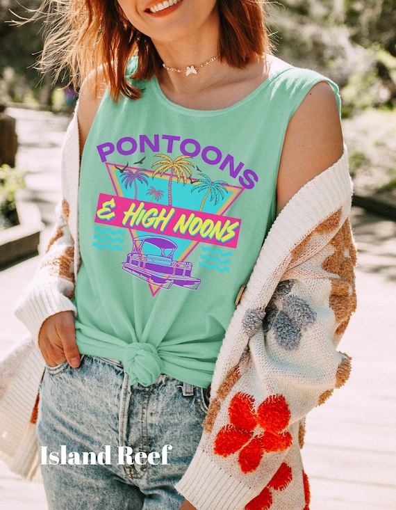 Pontoons & High Noons Comfort Colors Tank, Retro Lake Life Graphic Tank, Summer Pontoon Boat Tee,  Lake Day Outfit , Beach Vibes Tank