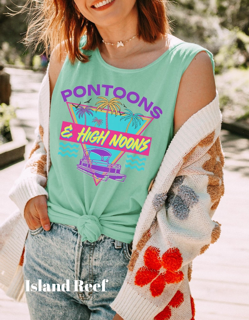 Pontoons & High Noons Comfort Colors Tank, Retro Lake Life Graphic Tank, Summer Pontoon Boat Tee, Lake Day Outfit , Beach Vibes Tank image 1