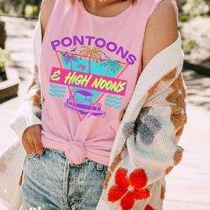 Pontoons & High Noons Comfort Colors Tank, Retro Lake Life Graphic Tank, Summer Pontoon Boat Tee, Lake Day Outfit , Beach Vibes Tank image 5