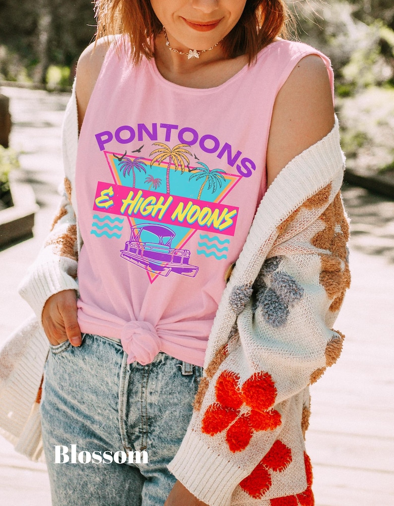 Pontoons & High Noons Comfort Colors Tank, Retro Lake Life Graphic Tank, Summer Pontoon Boat Tee, Lake Day Outfit , Beach Vibes Tank image 5