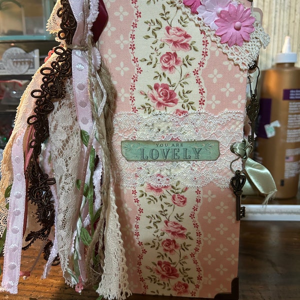 Handmade Tall/Skinny Slim Soft Cover Pink & Ivory Floral Vintage Junk Jornal