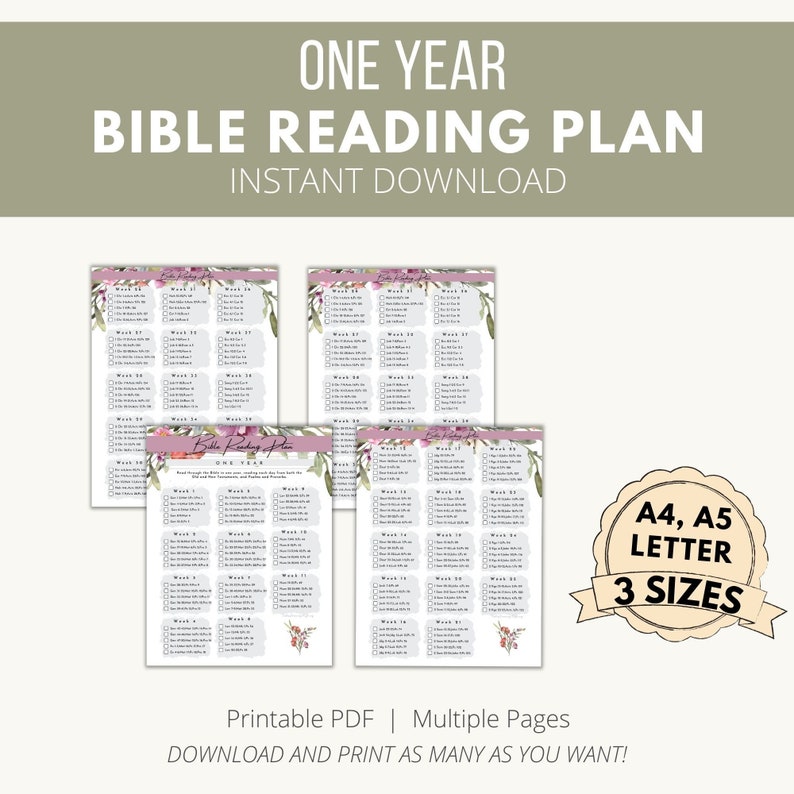 One Year Bible Reading Plan Printable 52 Week Bible Reading Etsy