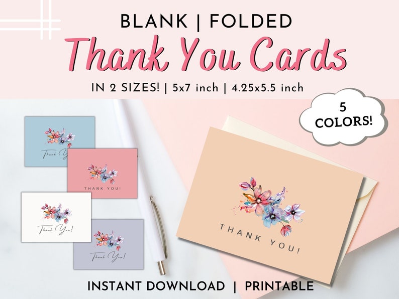 Set of 5 Printable Thank You Card Folded Greeting Cards Instant