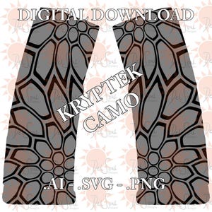 Puede incluir: Gráfico de descarga digital con un diseño KRYPTEK CAMO. El diseño tiene un fondo gris con un patrón geométrico negro. El texto "DIGITAL DOWNLOAD" está en la parte superior y "KRYPTEK CAMO" en el centro. Los formatos de archivo son AI, SVG y PNG.