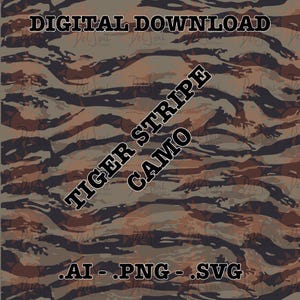 Puede incluir: Descarga digital con un patrón de camuflaje de rayas de tigre en tonos marrón, beige y gris. El texto "TIGER STRIPE CAMO" está en diagonal. Formatos de archivo: AI, PNG y SVG.