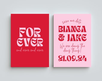 Wedding Invite | Save The Date | Pink & Red | Retro Wedding | Colourful Wedding | Save Our Date | Fully Customizable | Canva Template