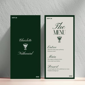 Cardápio de casamento luxuoso em verde, modelo de cardápio de casamento moderno e chique, cardápio em estilo antigo em verde e creme, cardápio de jantar elegante, edite com o Canva