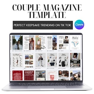 May include: A laptop displaying a magazine template with the text "COUPLE MAGAZINE TEMPLATE" and "PERFECT KEEPSAKE TRENDING ON TIK TOK". The screen shows various magazine layouts with images and text, including "Who's Girl?" and "Our Story".