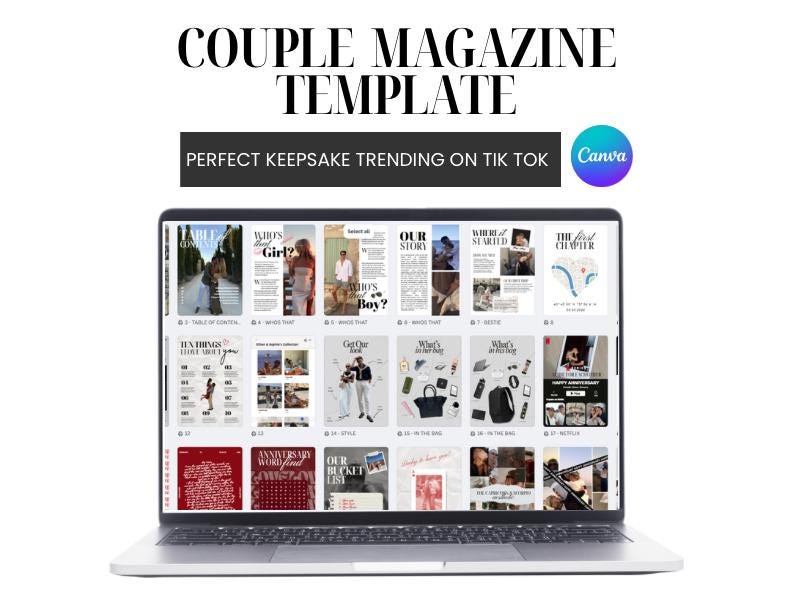 May include: A laptop displaying a magazine template with the text "COUPLE MAGAZINE TEMPLATE" and "PERFECT KEEPSAKE TRENDING ON TIK TOK". The screen shows various magazine layouts with images and text, including "Who's Girl?" and "Our Story".