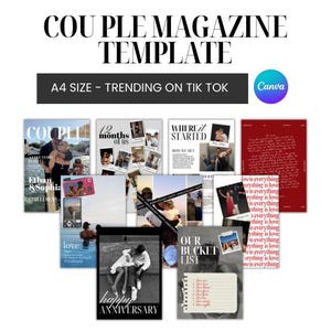 May include: A collection of magazine templates with the text "Couple Magazine Template" and "A4 Size - Trending on Tik Tok". The templates feature photos and text, including "12 months of us", "Where it started", and "Our Bucket List". A Canva logo is visible.