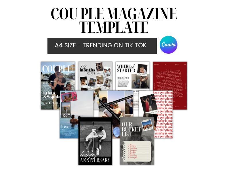May include: A collection of magazine templates with the text "Couple Magazine Template" and "A4 Size - Trending on Tik Tok". The templates feature photos and text, including "12 months of us", "Where it started", and "Our Bucket List". A Canva logo is visible.