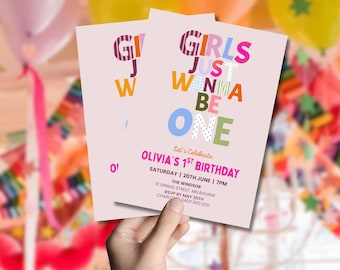 Girls Just Want To Be One First Birthday Invitation | Colourful Girl's First Birthday Invite | Editable Canva Template | Digital Download