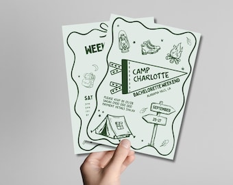 Camp Bachelorette Weekend Itinerary Template | Editable Canva Weekend Itinery | Glamping Party | Camp Bach | Last Trail Before the Veil