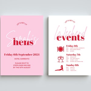 Hens Weekend Invite | Lets Get Lit | Pink  Red | Bridal Shower/Hens Weekend Itinerary | Bachelorette Planner | Customizable | Canva Template