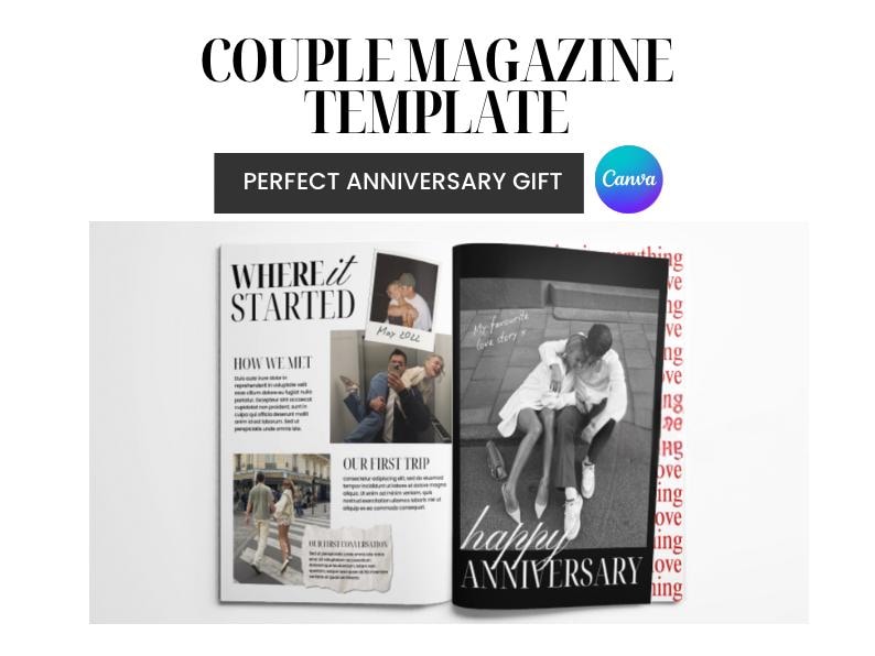 May include: A magazine template with the text "COUPLE MAGAZINE TEMPLATE" and "PERFECT ANNIVERSARY GIFT". The magazine pages feature photos and text, including "WHERE it STARTED" and "HOW WE MET". The cover says "happy ANNIVERSARY".
