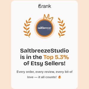 May include: A light peach-colored graphic with the text "Erank" at the top. The image features the "saltbreeze studio" logo and states "SaltbreezeStudio is in the Top 5.3% of Etsy Sellers!" with the text "Every order, every review, every bit of love - it all counts!"