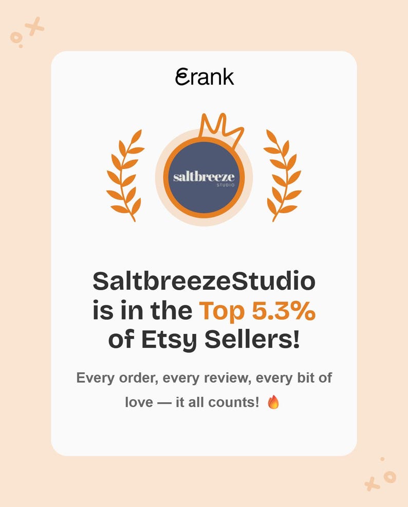 May include: A light peach-colored graphic with the text "Erank" at the top. The image features the "saltbreeze studio" logo and states "SaltbreezeStudio is in the Top 5.3% of Etsy Sellers!" with the text "Every order, every review, every bit of love - it all counts!"