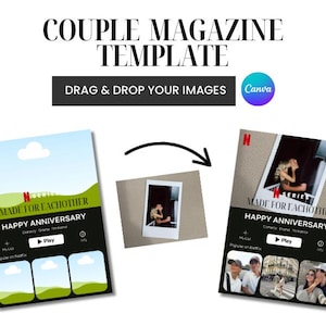 May include: A magazine template with the text "COUPLE MAGAZINE TEMPLATE" and "DRAG & DROP YOUR IMAGES". The design includes a Netflix-themed layout with the words "MADE FOR EACHOTHER" and "HAPPY ANNIVERSARY". A small photo is in the center.