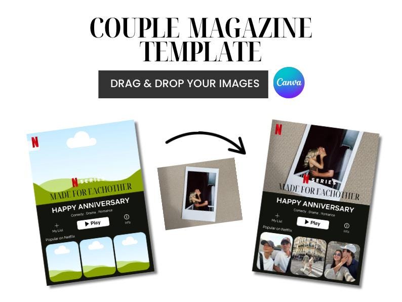 May include: A magazine template with the text "COUPLE MAGAZINE TEMPLATE" and "DRAG & DROP YOUR IMAGES". The design includes a Netflix-themed layout with the words "MADE FOR EACHOTHER" and "HAPPY ANNIVERSARY". A small photo is in the center.
