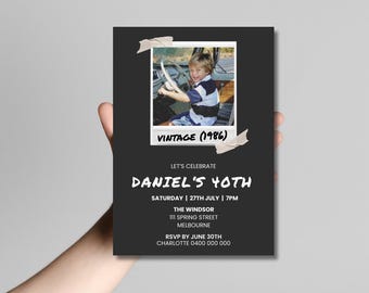 40th Birthday Modern Men Photo Invitation Canva Template | Editable Vintage 80s Polaroid Party Invite | Retro 1986 Birthday Invitation