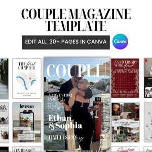 Könnte beinhalten: Eine digitale Vorlage für ein Paar-Magazin mit verschiedenen Layouts zu romantischen Themen. Der Titel "COUPLE MAGAZINE TEMPLATE" wird oben angezeigt, darunter der Text "EDIT ALL 30+ PAGES IN CANVA". Die Vorlage enthält Bilder und Text.