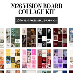 May include: A vision board collage kit with the text "2026 VISION BOARD COLLAGE KIT" and "200+ MOTIVATIONAL GRAPHICS". The kit includes various collage elements with motivational words and images in a grid layout.