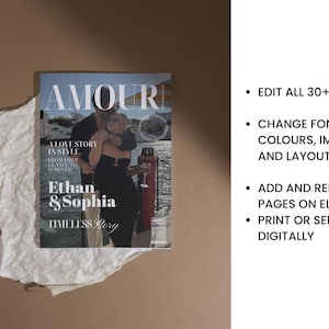 May include: A magazine cover with the title "AMOUR" and the names "Ethan & Sophia" is displayed on a brown surface. The cover features a couple embracing. Text on the right side lists editing options: change fonts, colors, images, and layouts.