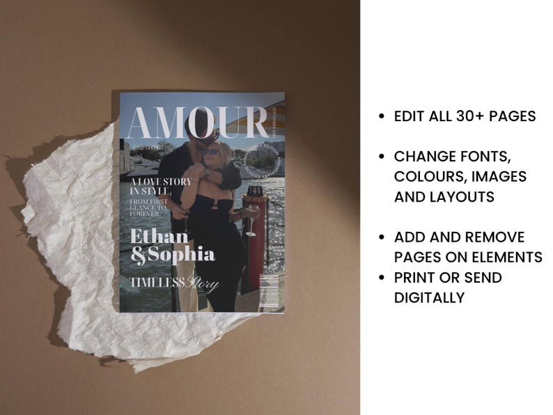 May include: A magazine cover with the title "AMOUR" and the names "Ethan & Sophia" is displayed on a brown surface. The cover features a couple embracing. Text on the right side lists editing options: change fonts, colors, images, and layouts.