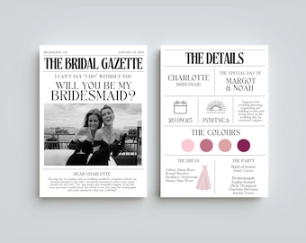 Bridesmaid Proposal And Info Cards | Newspaper Bridesmaid Proposal | Maid of Honor Card | Will You Be My Bridesmaid Card | Canva Template