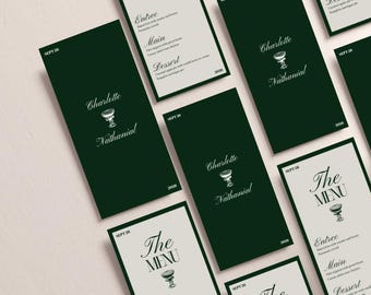 Lyxig bröllopsmeny i grönt, modern elegant bröllopsmenymall, grön och krämfärgad meny i gammaldags stil, elegant middagsmeny, redigera med Canva