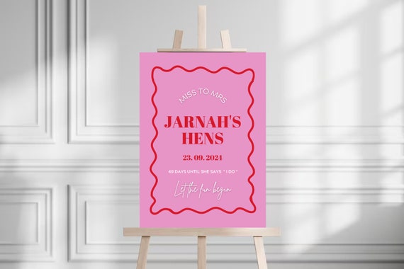Pink & Red Wavy Bridal Shower Welcome Sign | Hens Party Sign | Fully Customizable Canva Template | Instant Download | A1 Size
