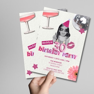 May include: Two party invitations with a pink and white theme. The invitations feature a photo of a person wearing sunglasses and a party hat. The text reads "maddy's 30th Birthday Party". Other graphics include a disco ball, champagne glasses, and a pink flower.