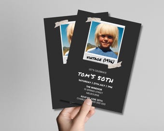 50th Birthday Modern Men Photo Invitation Canva Template | Editable Vintage 70s Polaroid Party Invite | Retro 1976 Birthday Invitation