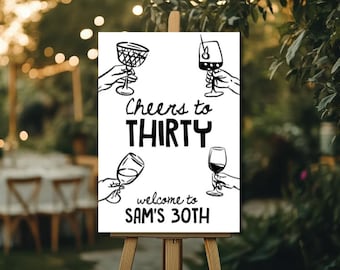Plantilla de cartel de bienvenida para 30 cumpleaños / Cartel de cumpleaños número 30 / Cartel de bienvenida para celebrar los 30 años, plantilla de póster de bienvenida para vino y treinta