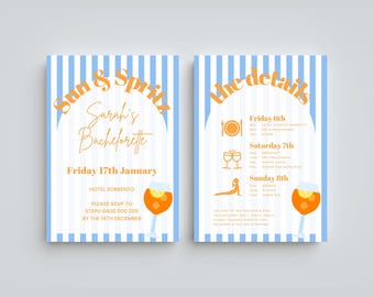 Itinerário de despedida de solteira Sun and Spritz | Itinerário de chá de panela/fim de semana de despedida de solteira | Planejador de despedida de solteira | Aperol Spritz | Modelo Canva