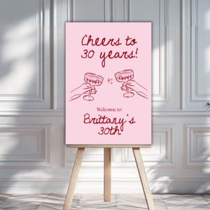 Placa de boas-vindas "Cheers to 30 Years", Placa de boas-vindas estética para aniversário, Modelo de placa de boas-vindas moderna para aniversário, Decoração de aniversário rosa, Modelo Canva