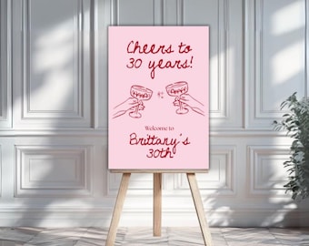 Cheers to 30 Years Welcome Sign, Aesthetic Birthday Welcome Sign, Modern Birthday Welcome Sign Template, Pink Birthday Decor, Canva Template