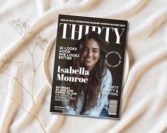 30th Birthday Magazine Invitation Template | Modern Milestone Invite (Canva Editable, Digital Download)