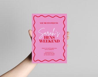 Hens Weekend Invite |  Pink & Red Wavy Bridal Shower/Hens Weekend Itinerary | Instant download | Fully Customizable | Canva Template