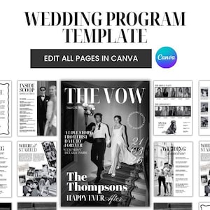 Può includere: Un modello di programma di nozze con la scritta "WEDDING PROGRAM TEMPLATE" in alto. Il design include varie pagine con testo e immagini, tra cui una copertina di rivista con una coppia e la scritta "THE VOW".