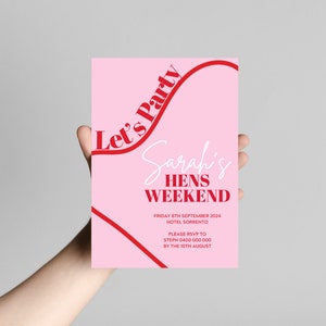 Hens Weekend Invite |  Pink & Red Retro | Bridal Shower/Hens Weekend Itinerary | Instant download | Fully Customizable | Canva Template