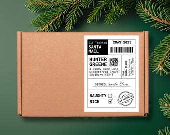 Peut inclure: Une boîte en carton marron avec une étiquette blanche indiquant "SANTA MAIL" et "XMAS 2025". L'étiquette comprend le nom et l'adresse du destinataire, un code-barres et une coche "NICE". La boîte est ornée de branches de conifères.