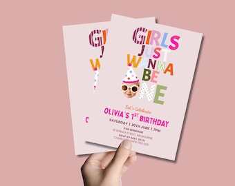 Girls Just Want To Be One Photo First Birthday Invitation | Colourful Girl's First Birthday Invite | Editable Canva Template | Digital